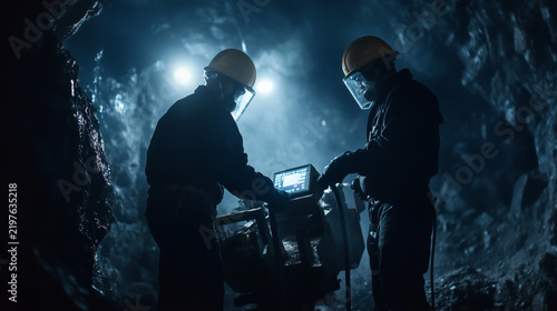 Two miners in hard hats and protective gear operating professional machinery inside deep underground mine cave with modern tech equipment