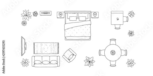 Architectural furniture floor plan layout with bed sofa and dining table vector