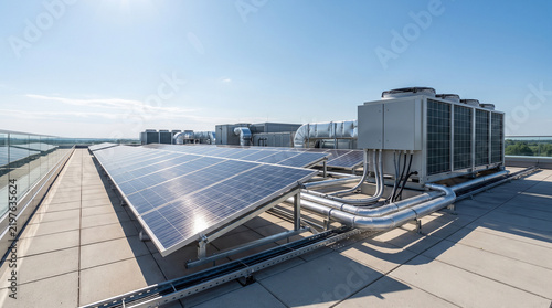 Shiny blue solar panels arranged in neat rows next to industrial heating cooling units under a bright clear sky