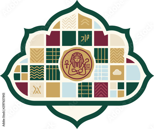 Decorative emblem featuring an egyptian pharaoh icon surrounded by a mosaic grid of geometric patterns and symbols in dark green, gold, and maroon