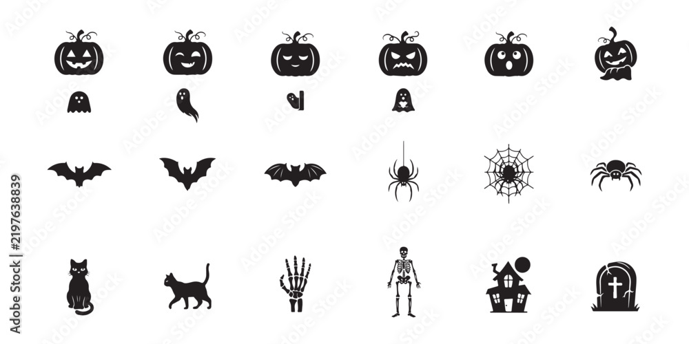 Fototapeta premium Collection of halloween spooky icons including pumpkins ghosts bats spiders cats skeletons and tombstone.