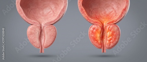 .Healthy vs enlarged prostate gland comparison. 3D illustration showing normal male anatomy and Benign Prostatic Hyperplasia (BPH) or prostatitis with inflammation compressing the urethra.