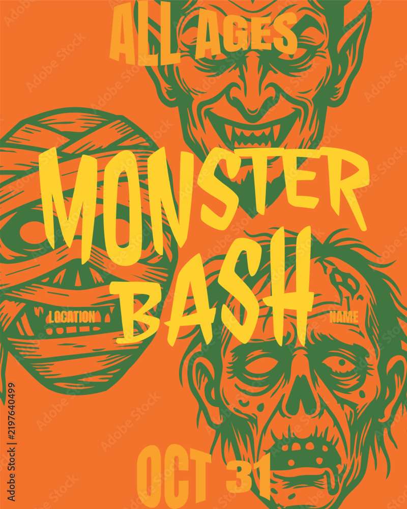 Fototapeta premium thrilling festive halloween monster bash social media feed template, eerie costume party celebration flyer with carved woodcut illustrations