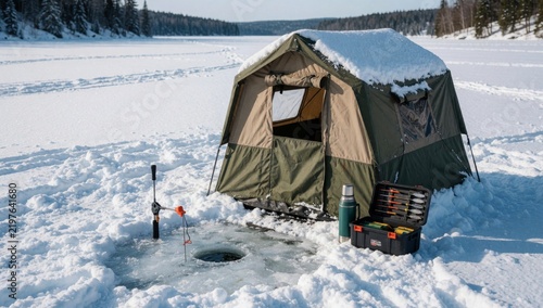 Small tent set frozen lake green beige color covered snow has window front door side there fishing rod tackle