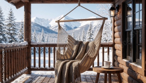 Cozy porch wooden cabin hammock hanging ceiling covered snow has railing left side right there small table whi