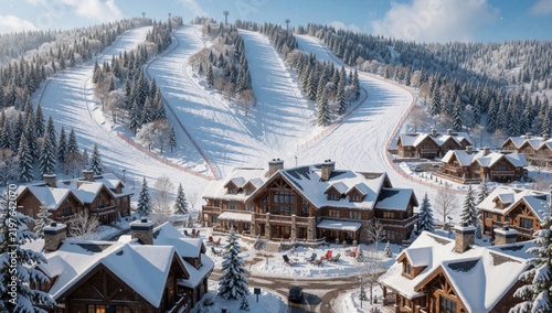 Aerial ski resort mountains covered snow has multiple wooden buildings large windows chimneys surrounded trees