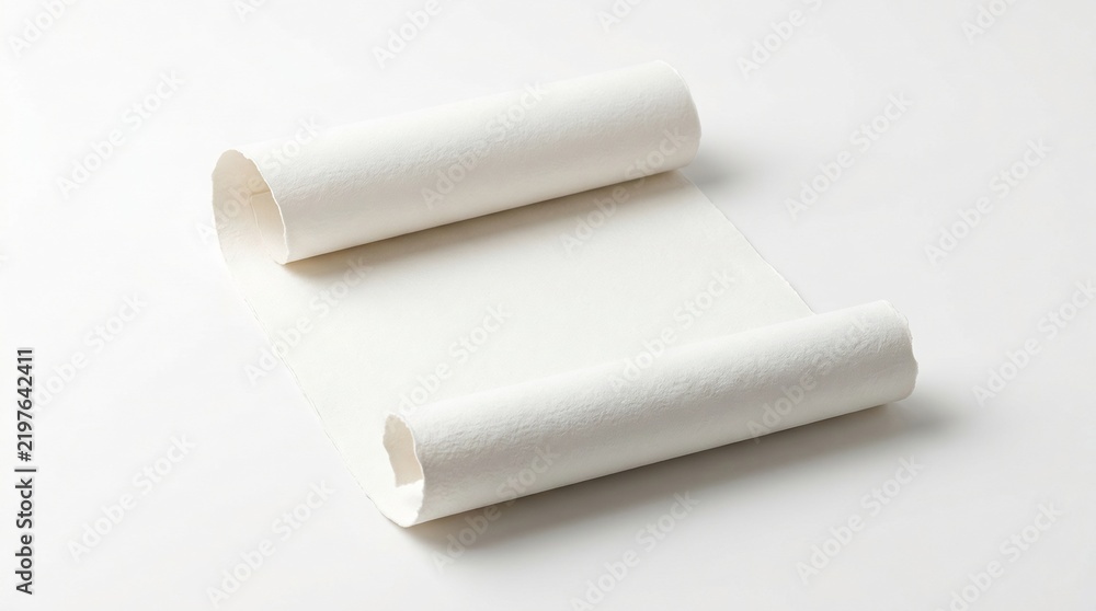 Fototapeta premium Single sheet of textured white paper rolled inward at both ends creating a blank scroll on white background