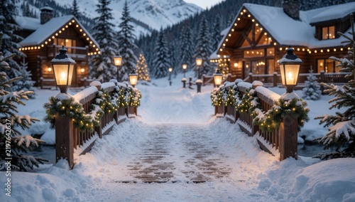 Beautiful winter snowy mountain village covered snow has multiple wooden cabins large windows chimneys decorat