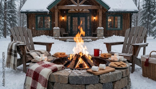 Cozy outdoor cabin snow made wood has sloping roof covered there large fire pit front burning brightly wooden