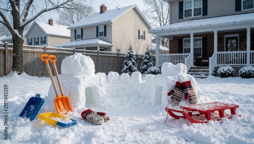 Snowman made snow front house white has orange shovels blue shovel left side right there red sled pair striped