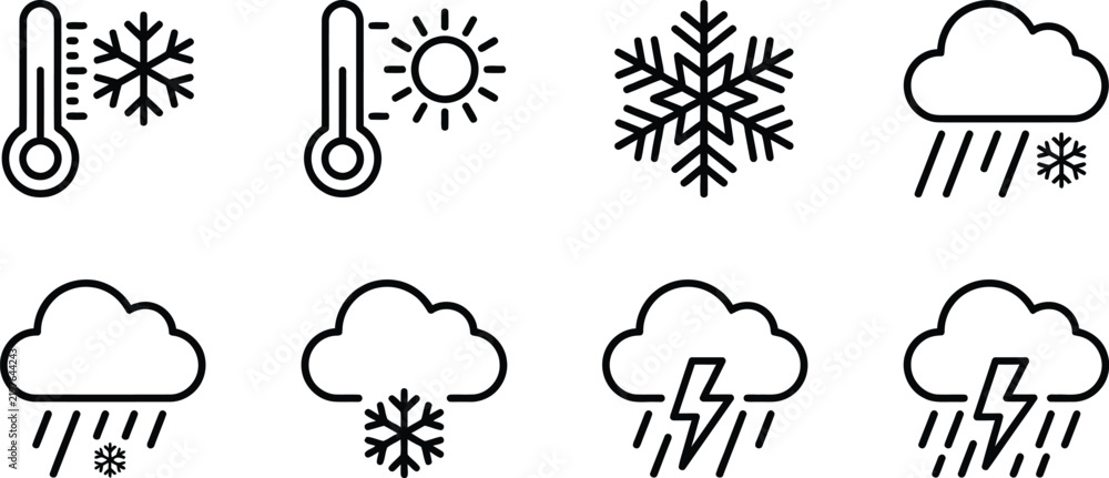 Obraz premium Set of weather icons including thermometer, snowflake, rain, cloud, and lightning bolt symbols for meteorological forecasts and climate applications