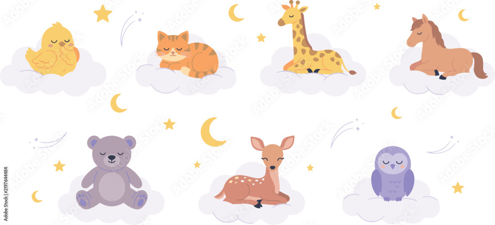 Obraz premium Cute Sleeping Baby Animals on Clouds Vector Set with Stars and Crescent Moon Elements for Nursery Decor Kindergarten Wallpaper and Infant Room Designs
