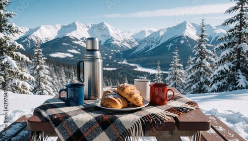 Wooden picnic table plate croissants red mugs covered plaid blanket there stainless steel thermos background s