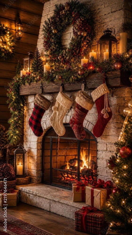 Obraz premium Cozy rustic Christmas fireplace decor, warm festive mobile wallpaper