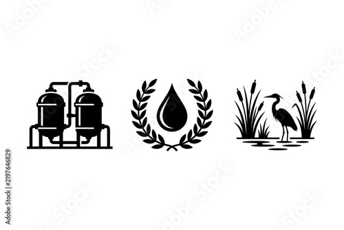 Water treatment plant industrial tanks droplet wreath and wetland heron icon set   