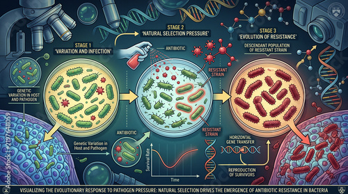 Infographic visualization of bacterial evolution showing stage one variation and infection leading to antibiotic resistance in stage three