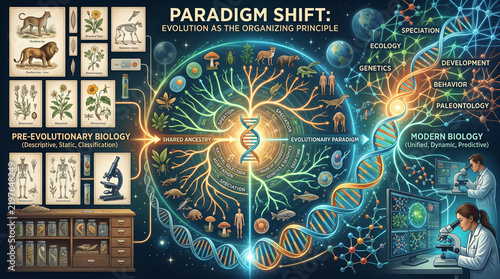 Infographic illustration depicting paradigm shift in evolution showing shared ancestry, genetics, speciation, ecology, and modern biological concepts