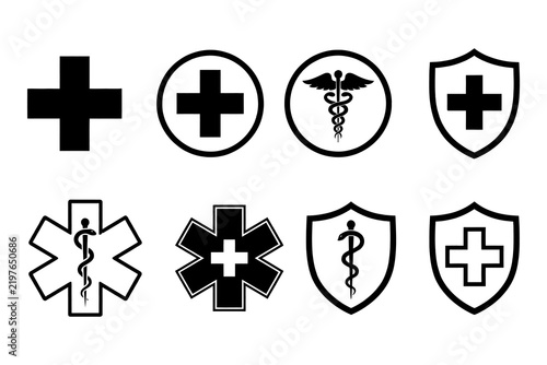 Collection of medical emergency crosses and shield symbols with emergency cross healthcare sign rod of asclepius shield icon medical emblem hospital sign clinic icon aid