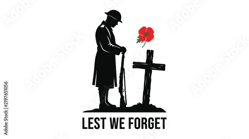 Bild auf Leinwand Lest We Forget: A solemn silhouette of a soldier stands guard beside a cross and a poppy, commemorating fallen heroes and reminding us of their sacrifice