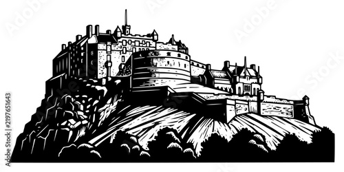 Edinburgh Castle landmark on Castle Rock vector illustration, Scotland historic fortress engraving line art