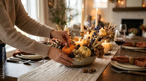 Hands placing a small decorative pumpkin into a festive autumn centerpiece arrangement on a dining table. Thanksgiving Day celebration preparation. Family holiday dinner table setting.