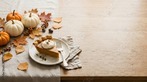 A slice of homemade pumpkin pie with whipped cream served on a plate with autumn leaves and mini gourds on a wooden table. Festive Thanksgiving holiday dessert banner background with copy space.