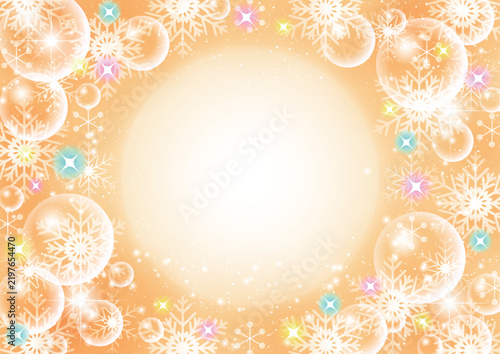 冬背景イラスト、かわいい、キラキラ、雪の結晶、オレンジ