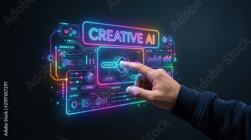 Human hand interacting with neon holographic creative ai interface touching a digital generate button against a dark background