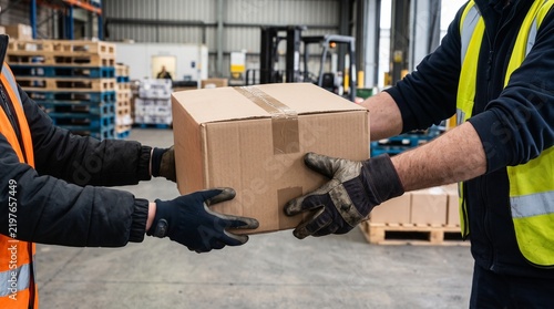 Close handoff of a shipping carton between warehouse team members
