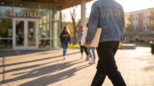 Student departs the registrar hub after completing enrollment steps