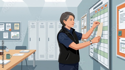 Airport shift supervisor updates roster board in staff room