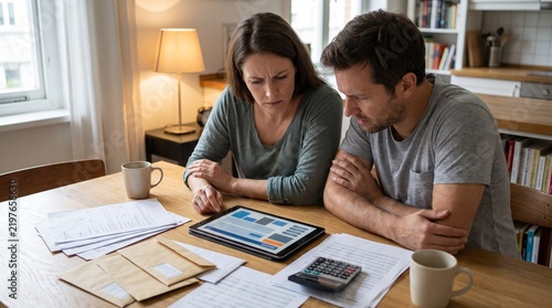 Healthcare portal confusion for couple reviewing tablet at dining table