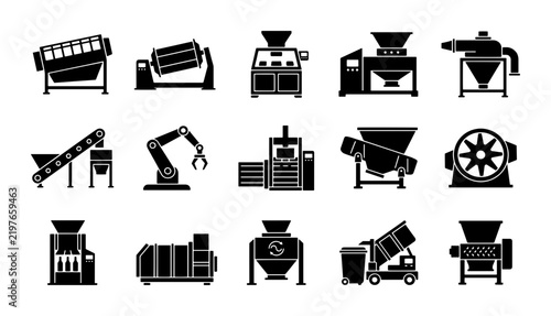 Industrial waste processing machinery icons, 15 recycling plant equipment vector set, black silhouette factory manufacturing tools for waste management