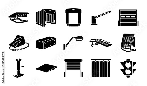 Loading dock equipment icons set, industrial warehouse logistics vector elements, 15 black silhouette symbols for freight transportation and shipping