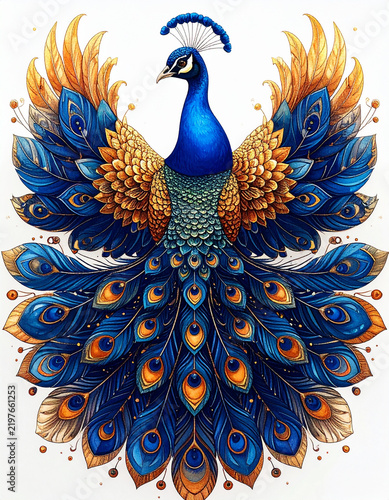 Majestic Blue Peacock Featuring Vibrant Zentangle Pattern With Ornate Golden Feathers And Highly Detailed Plumage For Decorative Design
