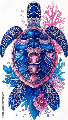 Vibrant Zentangle Pattern Sea Turtle Illustration Featuring Colorful Coral And Aquatic Plants in Detailed Decorative Artwork