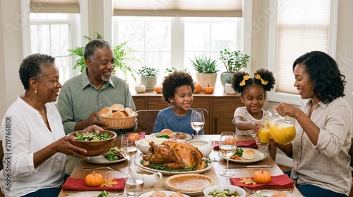 African american grandparents holding food near family and thanksgiving dinner