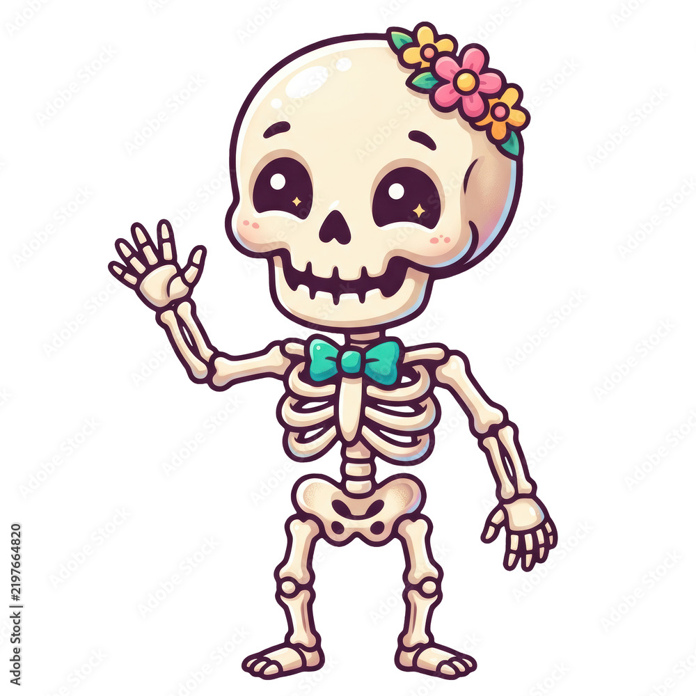 Obraz premium Cute smiling skeleton character waving hello with flowers and a bow tie