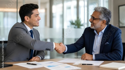Two smiling male professionals shaking hands across a bright office table, one in a grey suit with a navy tie, the other in a navy blazer with glasses, sealing a successful deal