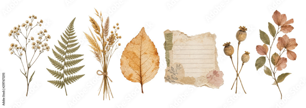 Obraz premium PNG Autumn botanical elements, dried flowers, leaves, wheat, and paper