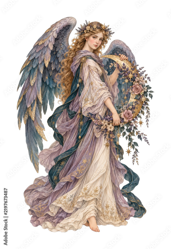 Fototapeta premium PNG Elegant celestial angel woman with flowers, wings and harp