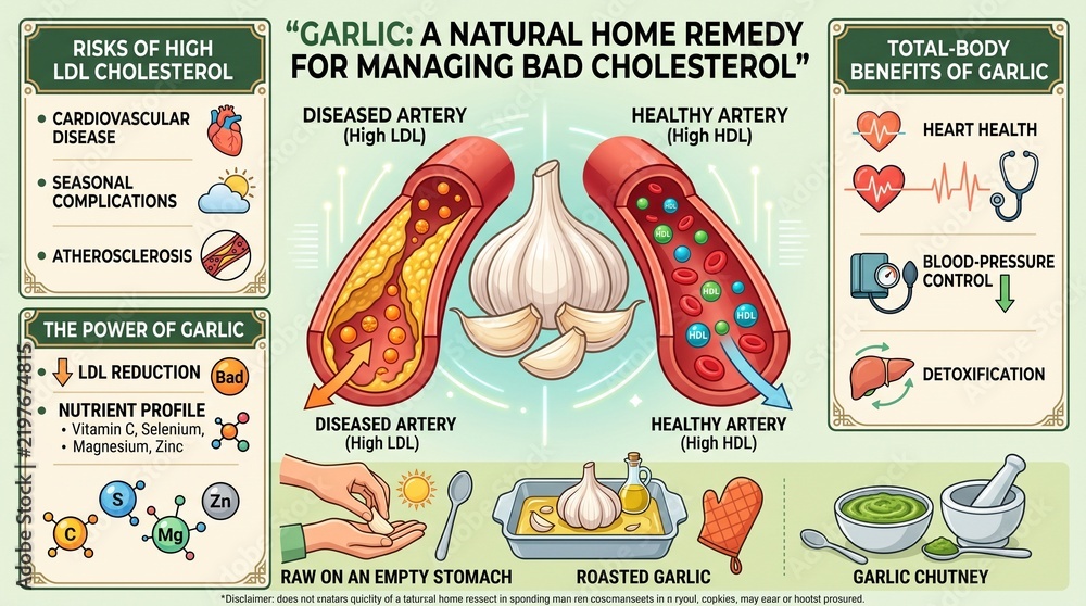 Fototapeta premium Garlic infographic for managing bad cholesterol and heart health