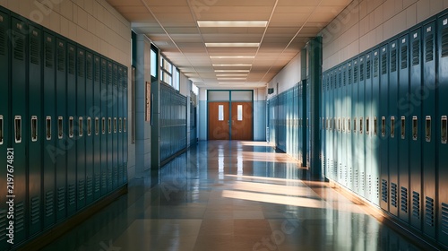 High quality image of empty school hallway with green lockers