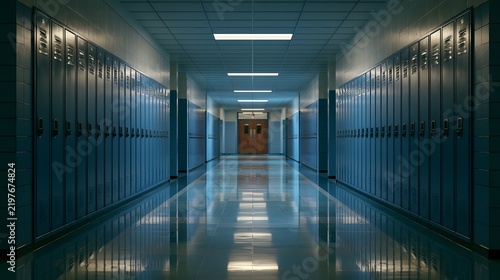 High quality image of empty blue school hallway with lockers