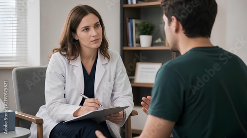 Focused female therapist in white coat attentively listening to young male patient during clinical consultation, holding clipboard, professional office setting with bookshelf