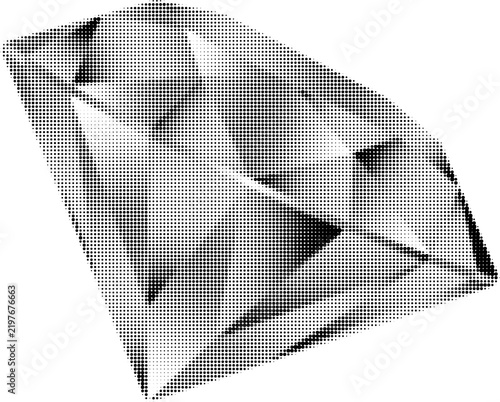 Halftone style illustration of a faceted diamond gem, abstract geometric design with dot pattern texture, monochromatic graphic element