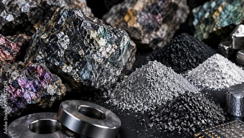 Raw mineral ore and refined metallic powder on a dark surface, showcasing critical supply chain of rare earth metals like cerium, europium, and neodymium for electronics