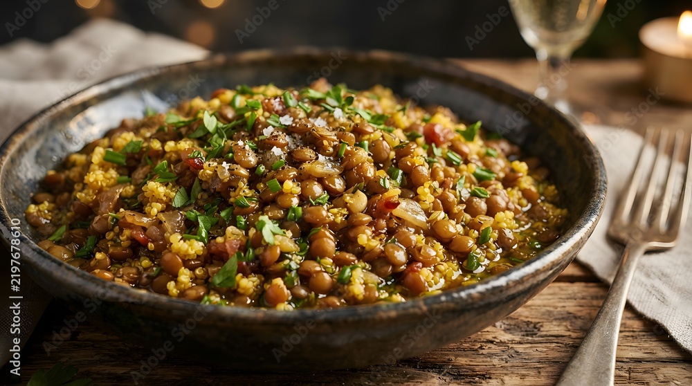 Obraz premium Lentils Mixed with Golden Grains and Herbs in a Rustic Bowl, Healthy Vegetarian Meal, Close-Up Food Photography. Culinary Concept, Nutritious Dish.