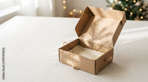 Opened Kraft Paper Gift Box with Shadowy Leaf Pattern, Packaging Design for E-Commerce, Sustainable Delivery, Product Presentation