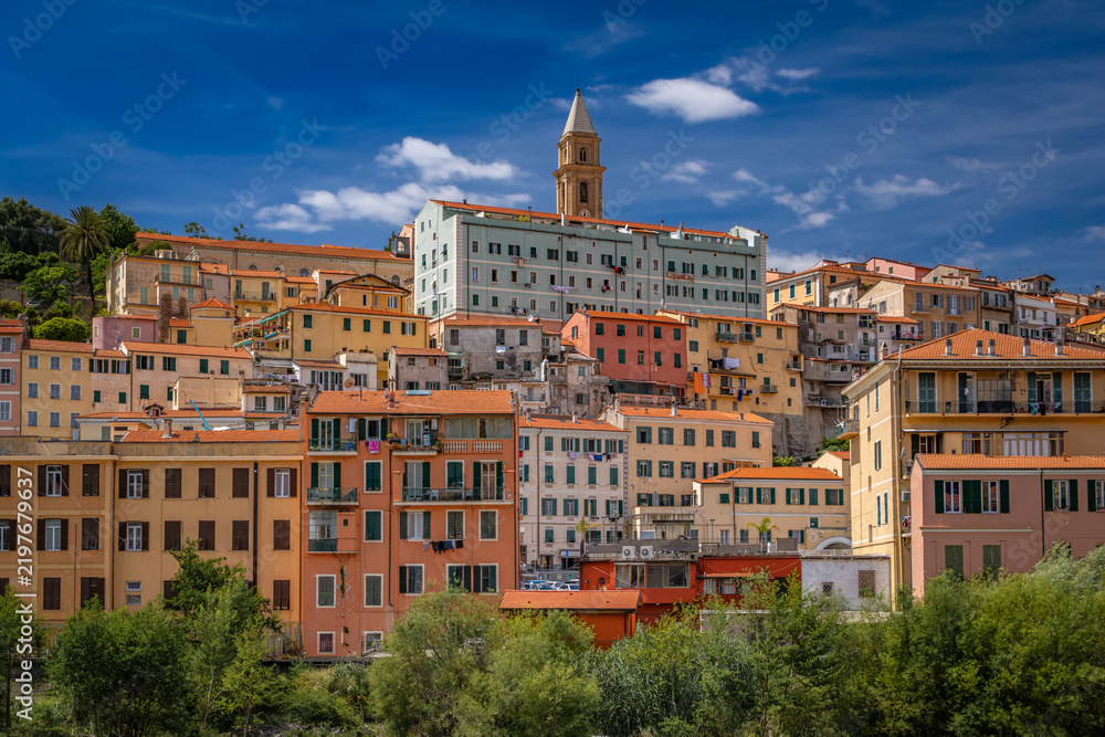 Fototapeta premium Colorful Mediterranean houses on the hillside, the old town Ventimiglia, Italy
